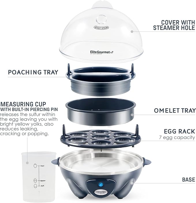 Elite Gourmet EGC710BG Rapid Egg Cooker, 7 Easy-To-Peel, Hard, Medium, Soft Boiled Eggs, Poacher, Omelet Maker, Auto Shut-Off, Alarm, 16-Recipe Booklet, BPA-Free, Slate Blue