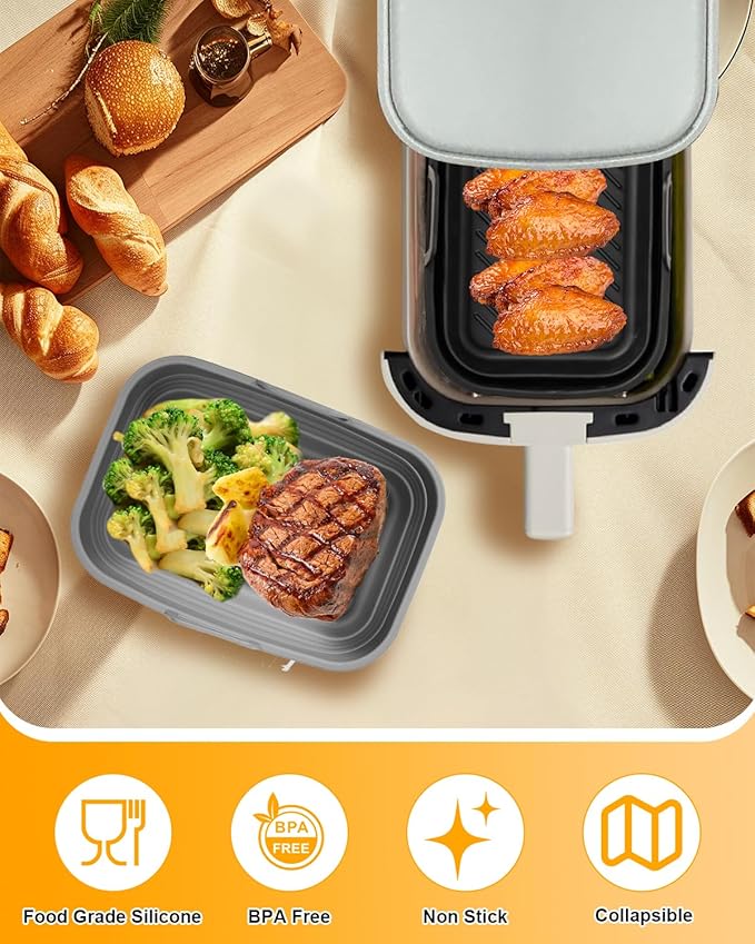 Air Fryer Silicone Liners Collapsible 2-Pack for bella 4Qt(3.3lb) Slim Air Fryer, Reusable Airfryer Silicone Pot Baking Basket Insert Accessories, Non Stick, Easy Cleaning, Gray+Black