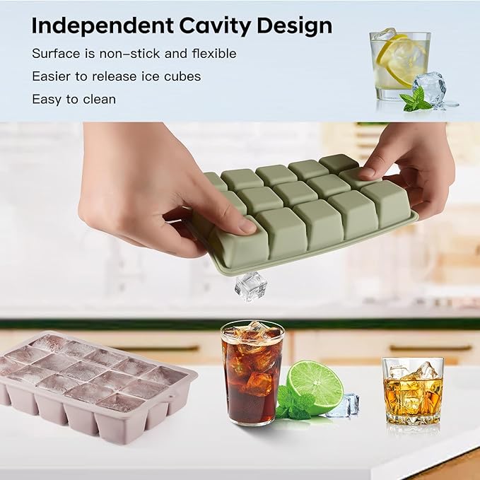 HANCELANT Silicone Ice Cube Trays Set of 2, Easy Release 15 Square with Removable Lid Reusable Freezer Stackable for Whiskey, Cocktails and Homemade, Keep Drinks Chilled, BPA Free, Blue