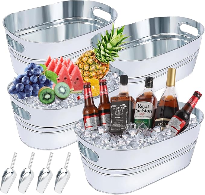 4Pcs 4 Gallon Galvanized Ice Bucket Large Galvanized Tub with Scoops Ice Bucket for Parties Mimosa Bar Supplies with Carry Handles Metal Beverage Tub for Champagne Cocktails Beer Drink Wine