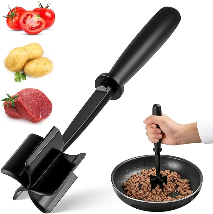 Meat Masher, Ground Beef Chopper Tool with 5 Curve Blades & Ergonomic Non-Slip Handle, Nylon Hamburger Smasher Tool Heat Resistant Non Stick(Black)