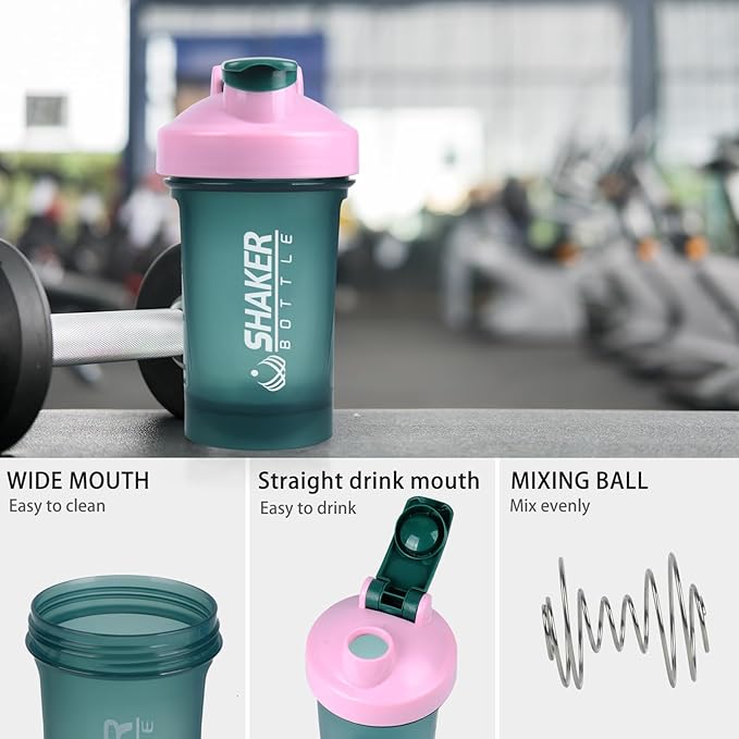 Shaker Bottle,400ml Small Protein Shaker Bottle with Mixing Ball, Portable 14oz GYM Shakes Cup for Workout,BPA free, 100% Leak Proof,Dishwasher Safe（Green）