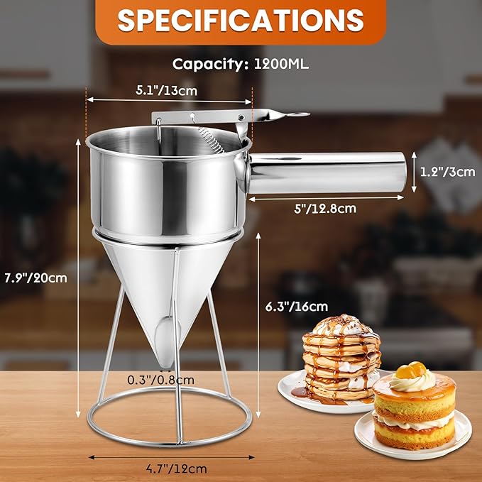40OZ/1200ML Stainless Steel Pancake Batter Dispenser, Piston Funnel Dispenser with Stand Detachable Handle for Takoyaki Baking Cake Desserts (1200ML/40OZ)