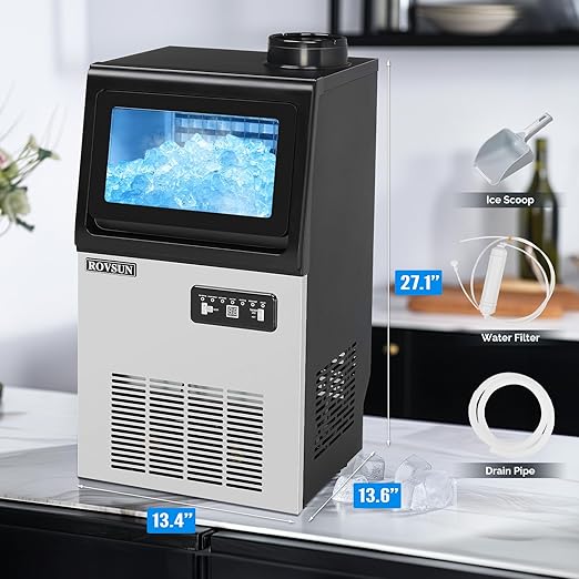 ROVSUN 90LBS/24H Ice Maker Machine with 2 Water Inlets, Freestanding & Countertop Ice Machine with 11lbs Storage Bin, Ice Scoop & Water Filter for Home Office Light Commercial Restaurant Bar Cafe Use