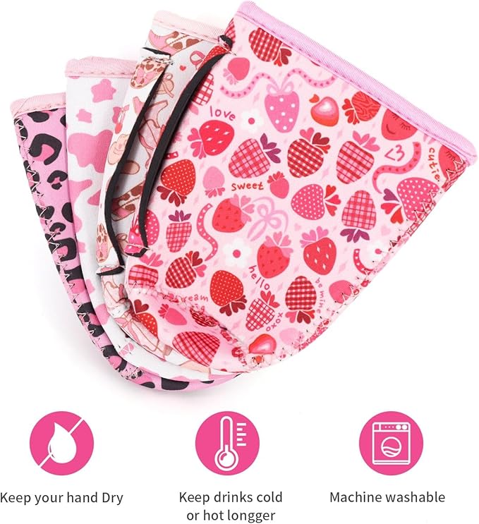 4Pack Reusable Iced Coffee Sleeve Insulator Sleeves for Cold Drinks Beverages, Neoprene Cup Holder for Most Coffee, Fits 22-24oz Medium Cups (Pink Coquette)