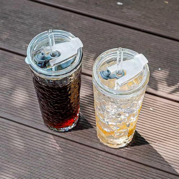 20oz Glass Tumblers with Lids and Straws - Stylish Vintage Ribbed Design for Iced Coffee, Juice, Smoothies, Milkshakes, Cold Beverages & Whiskey Cocktail Beer (Pure Bark - Texture)