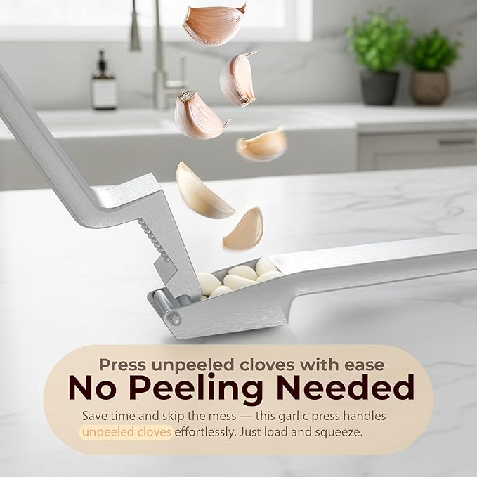 No Peeling Required, 100% Stainless Steel Garlic Press – Odor-free Cleaning, Rust Proof, Detachable Handle, Fine Mincer, 5 years Guarantee, Dishwasher safe garlic crusher tool, Moledor de ajo