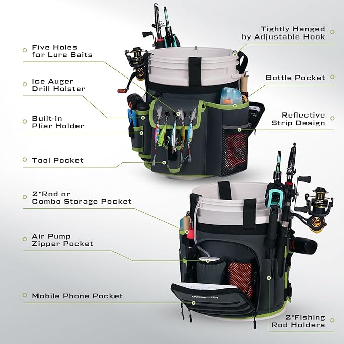 Boomistry Fishing Bucket Organizer for 5 Gallon Bucket Accessories, Fishing Tackle Bag with Adjustable Buckle, Fishing Rod Bag with 15 Multi-Pockets for Fishing Gear and Equipment (Dark Gray)