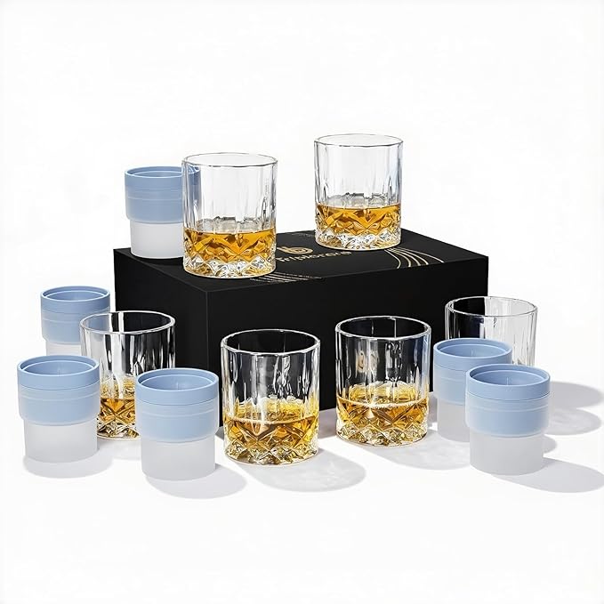 Whiskey Glasses Set of 6 with 6 Ice Ball Molds - 11 Oz Old Fashioned, Bourbon, Scotch, Cocktail, Rocks Glasses, Crystal Barware Drinking Set, Gift Box, Unique Bourbon Gifts for Men