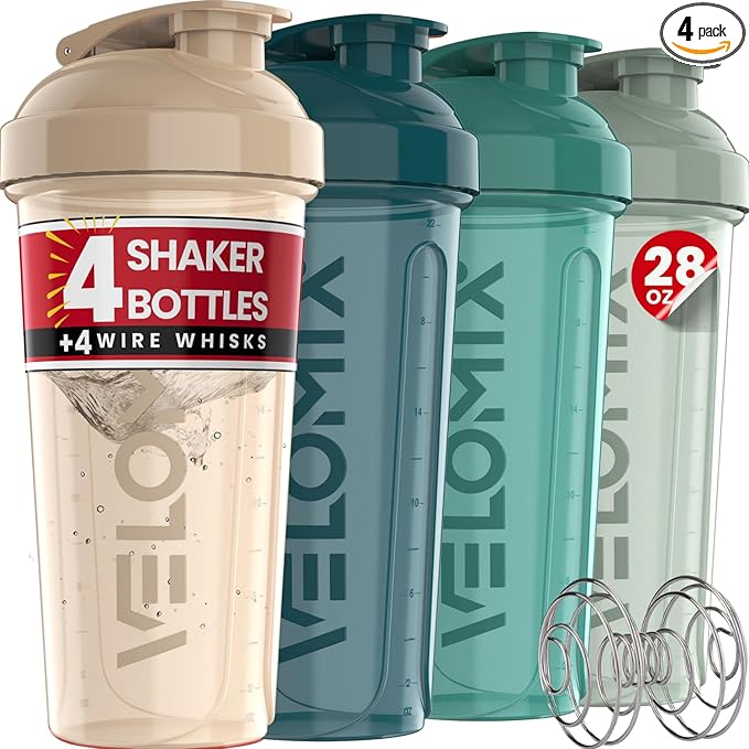 VELOMIX -4 PACK 28 Oz Protein Shaker Bottle for Protein Mixes -4x Wire Whisk | Leak Proof Shaker Cups for Protein Shakes | Large, Stackable Protein Shaker Bottle Pack | Dishwasher Safe (A4) Fresh Move