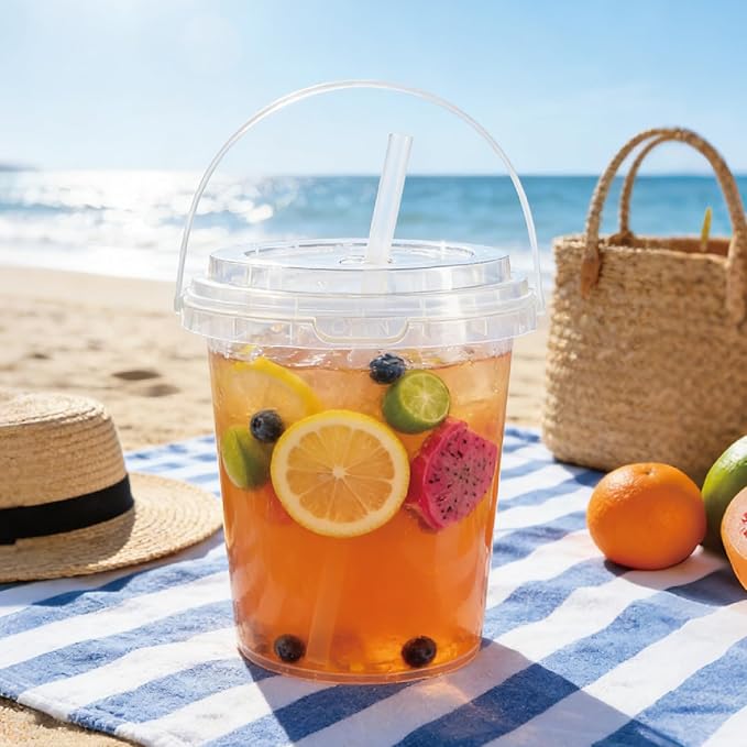 TTzycc 30 Sets 34 oz Drink Buckets with Lids and Straws, Reusable Clear Plastic Party Cups for Iced Coffee, Smoothies, Milkshakes, Sturdy & Durable Beverage Tubs for Lemonade, Pool and Beach Parties