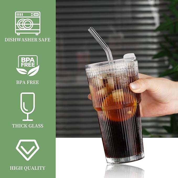 Glass Cups with Lids and Straws – 20oz Glass Tumbler with Straw and Lid, Reusable Iced Coffee Cup, Smoothie & Tea Glass, Ideal for Home, Office, Travel, 1 Pack