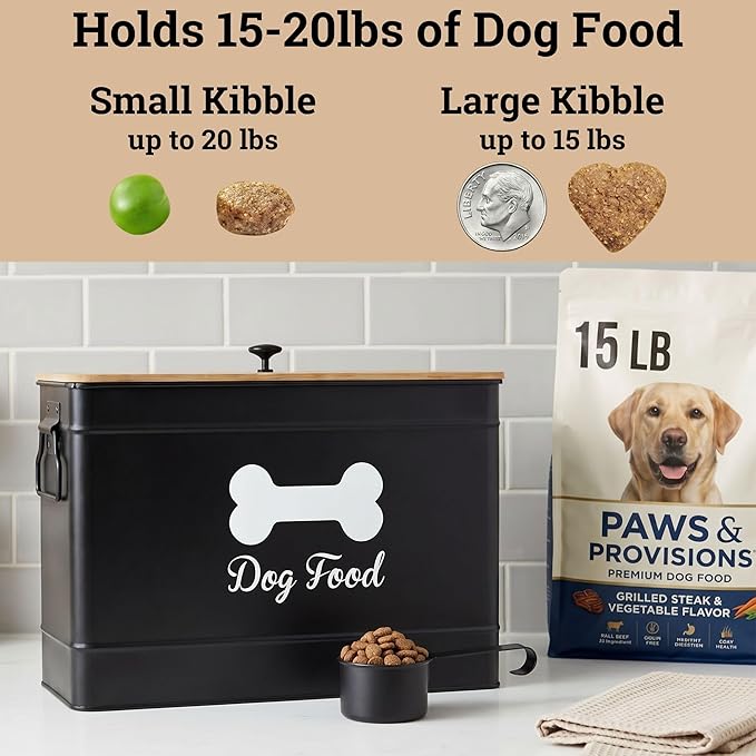 Dog Food Container Airtight 15 lb (50 Cup) Capacity with Metal Scoop - Cute Airtight Dog Food Storage Container with Bamboo Lid - Black Metal Kibble Storage Bin for Dogs up to 100 lbs - Big Pet Jar