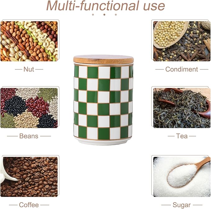 Kitchen Countertop Ceramic Checkered Canisters,Black And White Food Storage Containers With Lid,Airtight Kitchen Canisters for Flour, Sugar, Coffee, Tea, and Dry Goods (Green, Small)