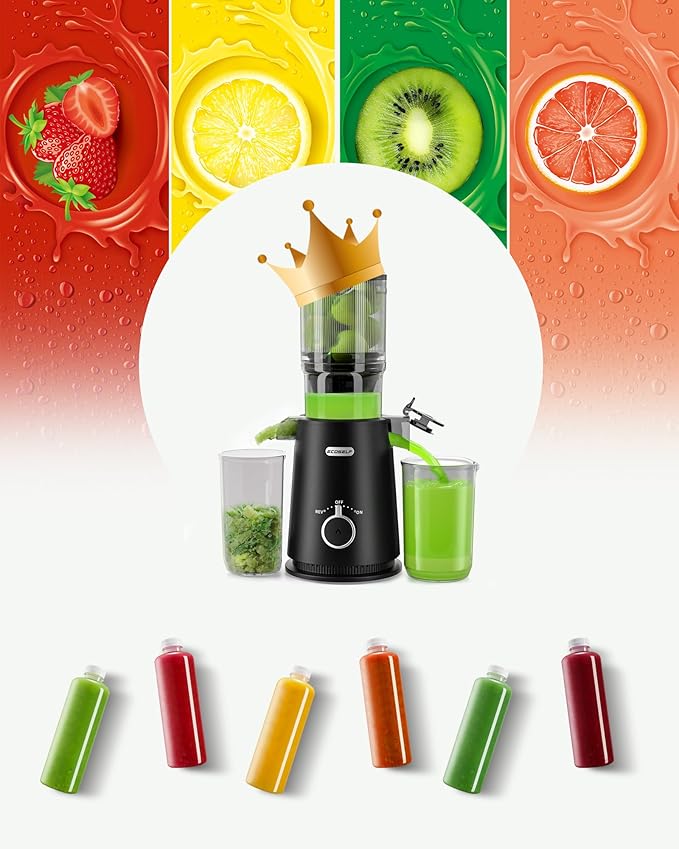 ECOSELF Cold Press Juicer - Large Mouth Hopper For Whole Fruits & Vegetables - Juicer Machines with Hands-Free Design - Slow Masticating Juicers High Juice Yield With Pusher - For Party Gathering