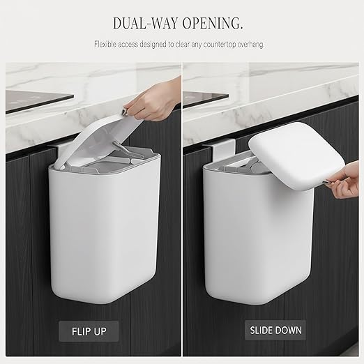 MUEE Hanging Compost Bin [1.3 Gal Solo Size] Food Scraps Collector with Slide Lid - Under Cabinet Small Trash Can for Coffee Station, RV & Studio Apartment - Matte White