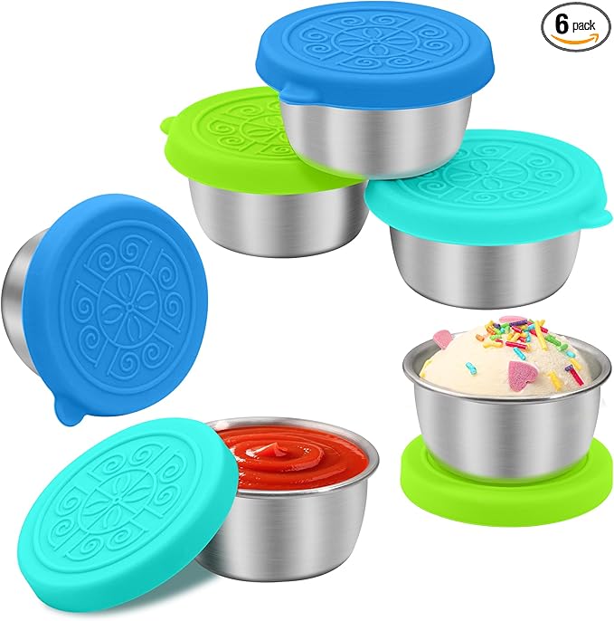 LIEMAND 6x1.6 oz Salad Dressing Container to Go, Leakproof Reusable Stainless Steel Small Container with Lid,Sauce Containers for Lunch box,Picnics,Travel,Office and Meal Prep