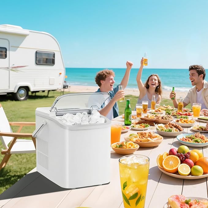 OLIXIS Ice Maker Machine with Handle,26lbs in 24Hrs,9 Ice Cubes in 6 Mins,Auto-Cleaning Portable Ice Maker with Basket and Scoop, Countertop Ice Maker for Home, Kitchen, Camping, RV - Sleek White