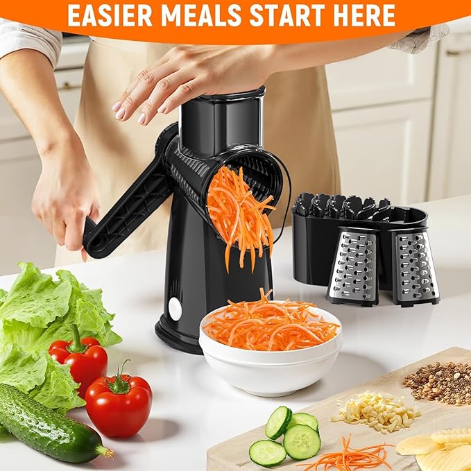 5 Blades Rotary Cheese Grater Hand Crank Vegetable Chopper Shredder Spiralizer Slicer Mandoline for Vegetable & Cheese & Fruit, Food Chopper for Kitchen with Blades Storage Box & Suction Base (Black)