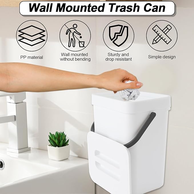 Compost Bin Kitchen, for use on Countertops or Under Sinks, Hanging Trash Can with Lid, for Cupboard/Bathroom/Bedroom/Office/Camping, Mountable Indoor Compost Bucket(White 0.8 Gallon/3L)