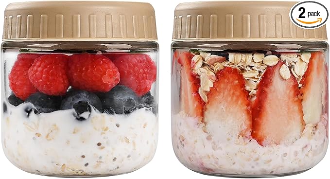 SHOWIN Overnight Oats Containers with Lids, 10oz Glass Jars with Lids 2 pcs, Taffy, Wide Mouth Mason jars for Salad, Yogurt, Snacks, Meal Prep