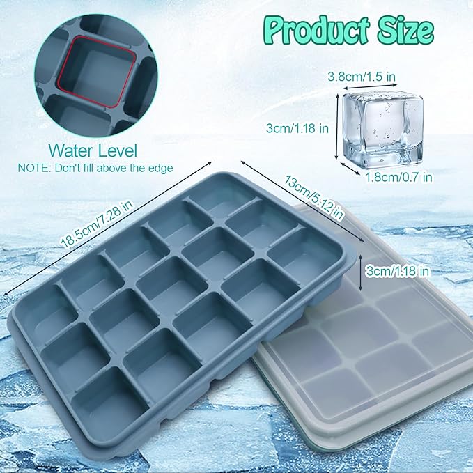 2 Pcs Easy Release Ice Cube Trays, Blue Flexible Silicone Ice Cube Molds Removable Lid Stackable for Whiskey, Beverages, Baby Food (15 cubes 0.7oz)
