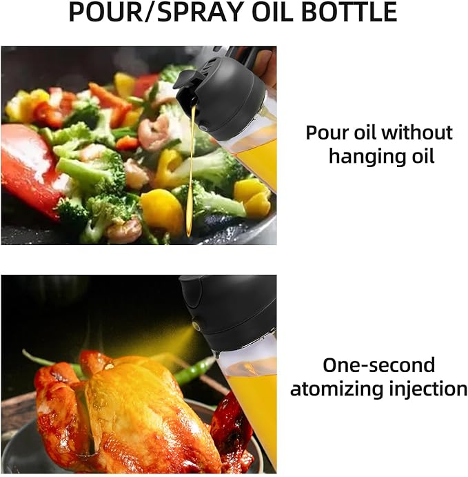 Aovdy 16oz/470ml Glass Olive Oil Sprayer for Cooking - 2 in 1 Olive Oil Dispenser Bottle Spray and Pour for Kitchen Gadgets Cooking Air Fryer Salad BBQ (Black)