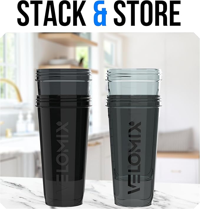 VELOMIX -4 Pack- 28 oz Protein Shaker Bottles for Protein Mixes - 4x Wire Whisk | Leak Proof Shaker Cups for Protein Shakes | Stackable Protein Shaker Bottle Pack (Silver Mix)