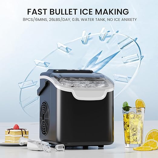 Kismile Countertop Ice Maker, 8 Cubes in 6 Mins, 26Lbs/Day Bullet Ice, Portable Ice Maker with 2 Sizes of Cubes, Self-Cleaning Ice Maker Machine with Basket & Scoop for Home/Kitchen/Office/Party