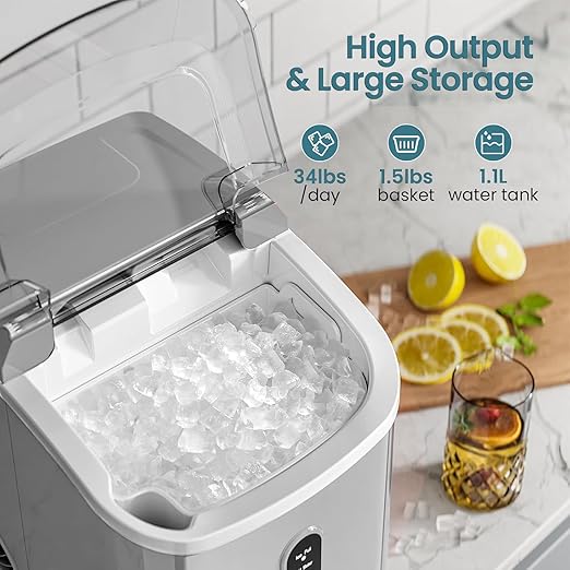 Antarctic Star Nugget Ice Maker Countertop, Chewable Pellet Ice Machine with Self Cleaning Function, Pebble Portable Ice Maker with Ice Scoop for Home Kitchen Office (Grey)