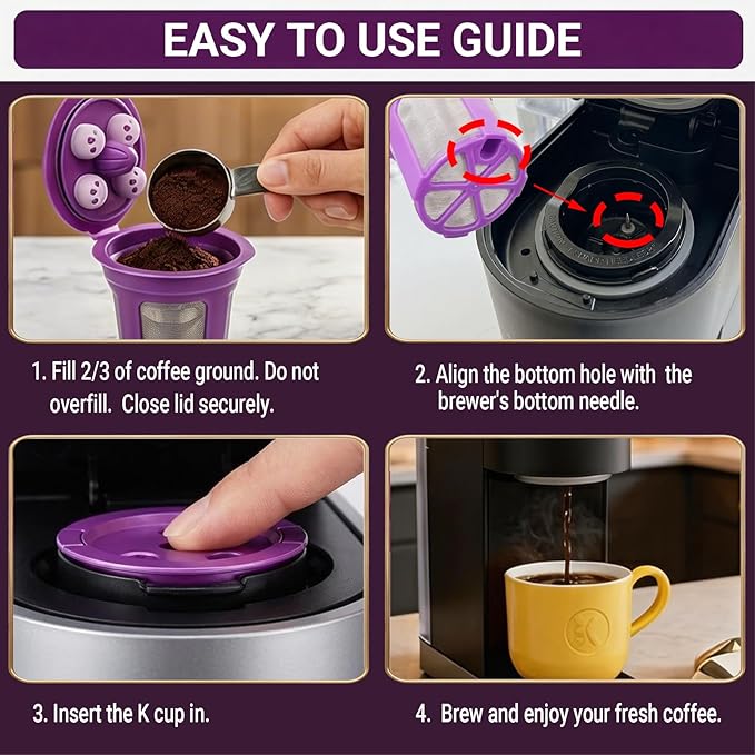Reusable K Cups for Keurig Supreme/Plus/K-Slim/K-Duo, Refillable Coffee Pods Filter Fits K-Classic/K Elite/K-Compact/K-Mini, Both MultiStream & SingleStream All 1.0 & 2.0 Coffee Maker, 4 Pack