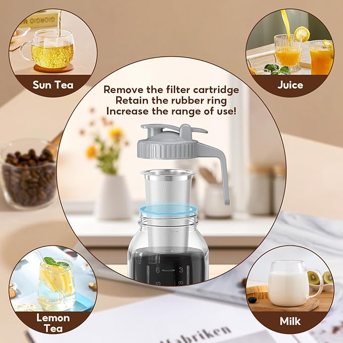 2 Pack 64 oz Cold Brew Coffee Maker Jar - Glass Cold Brew Maker with Handle, Stainless Steel Filter&Leak-Proof Lid, Heavy Duty Cold Brew Pitcher for Iced Coffee, Tea, and Milk (2 Quart / 1.9 Liter)