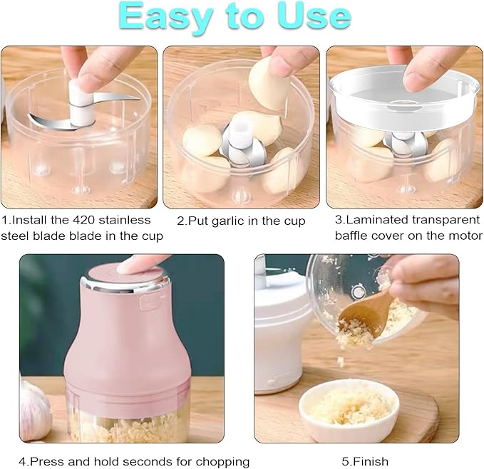Vegetable Chopper, 100ML Electric Garlic Chopper, Rechargeable Mini Blender, Powerful Small Food Processor, Blender to Vegetable, Wireless Food Cutter for Ginger, Chili, Fruit, Meat, etc（Pink）