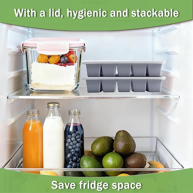 Ice Cube Trays for Freezer, 2 Pack Easy Release Slicone Ice Cube Tray with Lid, BPA Free Stackable Flexible Ice Molds 15 Square Reusable Ice Cubes for Whiskey, Baby Food, Iced Coffee (Grey)