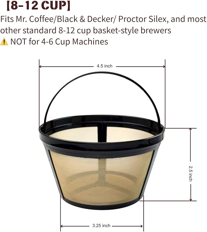 8-12 Cup Reusable Coffee Filter - BPA Free, Eco-Friendly, Compatible with Mr. Coffee, Black+Decker & Most Standard 8-12 Cup Drip Coffee Makers (1-Pack)