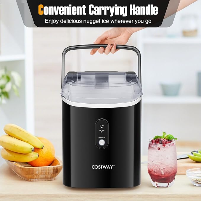 COSTWAY Nugget Countertop Ice Maker, Ready in 6 Mins, 34 lbs/24H, Ice Machine with Soft Chewable Pellet Ice, Self-Cleaning, One-Click Operation, Ice Basket & Ice Scoop for Kitchen (Black)