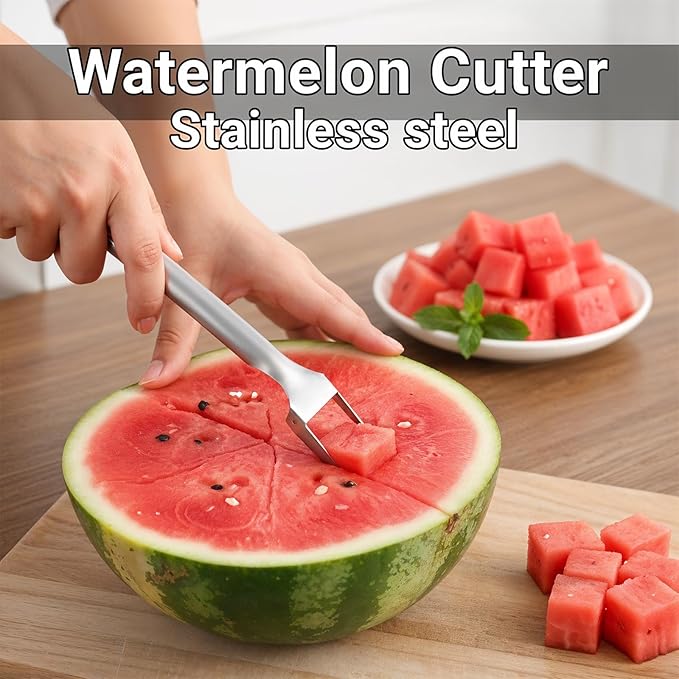 2pcs Watermelon Cutter Slicer 2-in-1 Stainless Steel Fruit Cutter Watermelon Fork Slicer Portable Tool for Home Party Camping Kitchen Gadget Dual Heads Fruit Forks for Salad BBQ