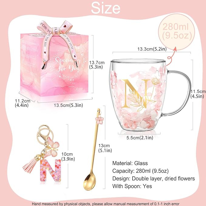 Personalized Gifts for Women Flower Glass Coffee Mug Initial Tea Cup Monogrammed Customized Bridesmaid Bride Wedding Gifts Graduation Gifts Valentine Mother's Day Birthday Christmas Gift (N)