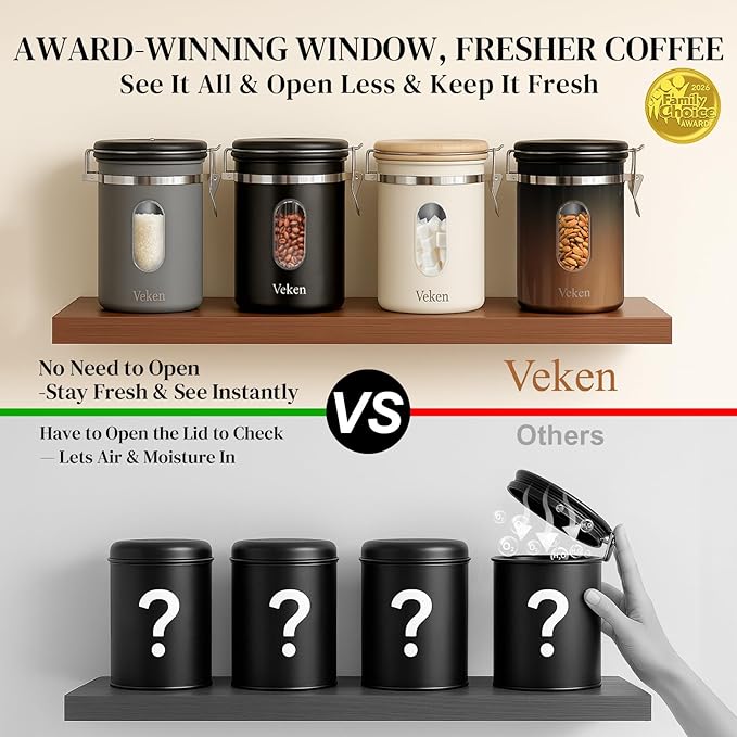 Veken Coffee Sugar Canister with Window, Coffee Lover Gift Set,Airtight Stainless Steel Kitchen Food Storage Container Gifts, Date Tracker & Scoop for Grounds Coffee,Beans,Tea,Flour,Cereal,22OZ,Cream