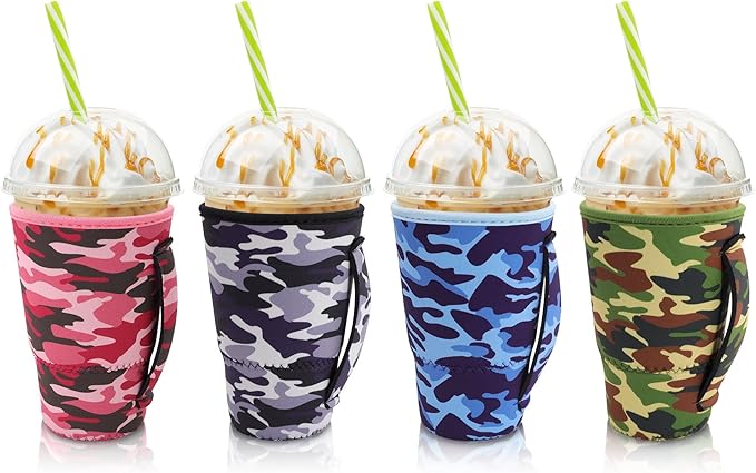 4Pack Reusable Iced Coffee Sleeve Insulator Sleeves for Cold Drinks Beverages, Neoprene Cup Sleeve With Handle for Most Coffee, Fits 30-32oz Large Cups (Camo with Handle)
