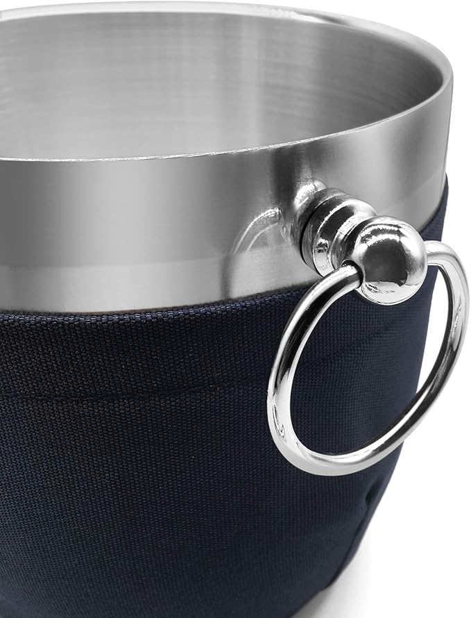Fortune Candy Insulated Ice Bucket - Double Walled Stainless Steel Ice Bucket with Ice Tongs, Scoop, Lid, and Exclusive Handmade Nylon Holder - 2.8 L (Navy Blue)