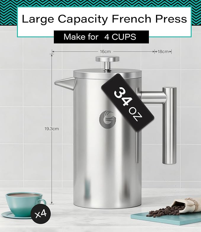 Coffee Gator 304 Grade Stainless Steel French Press Coffee Maker 34 oz, Double Wall Insulated Teapot with 4-Level Filtration System, Include Travel Jar Canister, Rust-Free, Dishwasher Safe, Silver