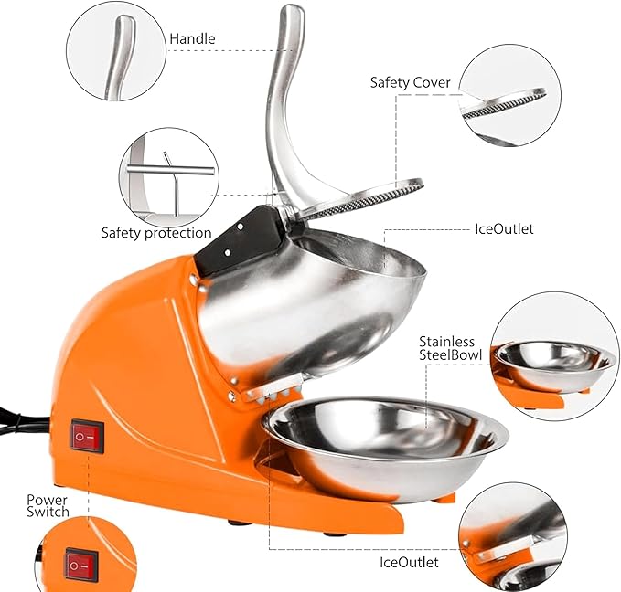 Shaved Ice Machine, Electric 3 Blade Snow Cone Machine, 380W Crusher Ice Maker, 286 lb/hr Ice Crusher, Commercial and Home Ice Crusher (Orange)