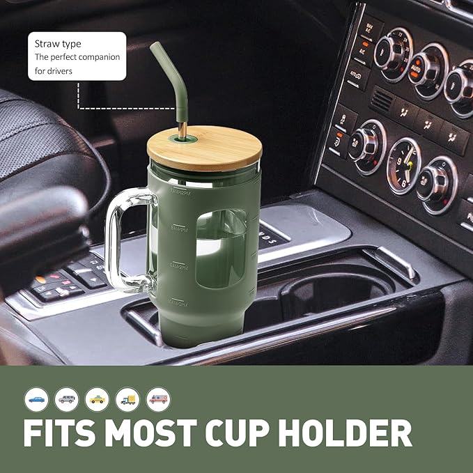 WINSA Glass Tumbler with Straw and Lid, 40 oz glass cup with handle, Glass Water Bottles with Time Marker, Silicone Protective Sleeve-Olive
