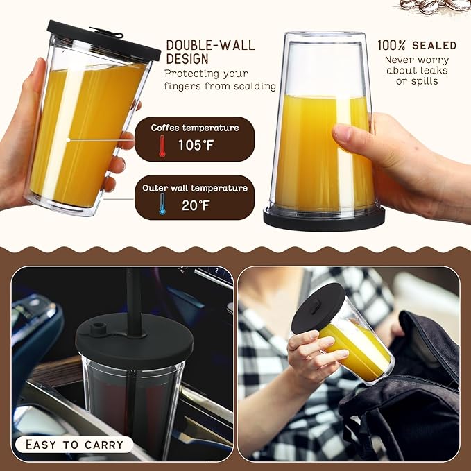 Honeydak 4 Pack 16 oz Reusable Iced Coffee Cups with Lids and Straws Leakproof Double Wall Insulated Clear Plastic Iced Coffee Tumblers with Straw Brushes