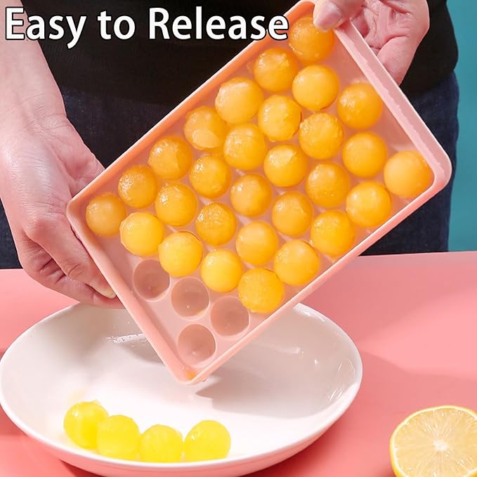 Ice Cube Tray with Lid, 33 Sphere Ice Cube Mold for Freezer, Stackable Round Ice Ball Maker Circle Ice Trays for Cocktails, Whiskey, Coffee, Drinks (Pink)