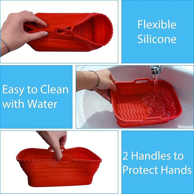 Daily Treasures 2 Pack Foldable Air Fryer Liners for Air Fryer Dual with 1Pack Oil Sprayer Dispenser, Air Fryer Accessories Reusable Air Fryer Silicone Liner for Dual Air Fryer(Red)
