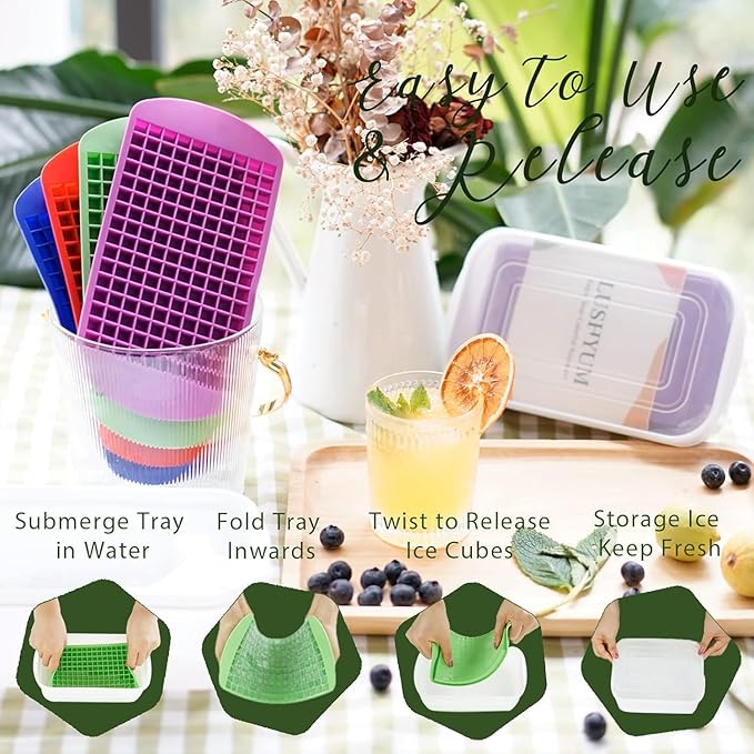 Mini Ice Cube Trays for Freezer with Bin and Scoop, 4 Pack 640 Small Nugget Ice Cube Tray Silicone BPA Free, Tiny Crushed Ice cubes Maker Molds for Chilling Coffee Juice Cocktail Whisky Boba