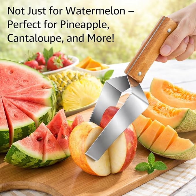 Triangle Watermelon Cutter – Stainless Steel Watermelon Slicer with Wooden Handle – Multi-Function Fruit Cutter Tool – Ideal for Watermelon, Pineapple, and Other Summer Fruits (4pcs)