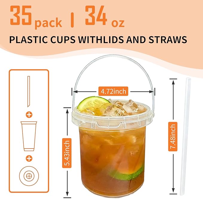 34oz 35pack Drink Buckets with Lids and Straws, Reusable Plastic Bucket Cups for Coffee & Boozy Drinks, Handheld Beverage Buckets for Pool Party, Beach, Picnic, Travel & Outdoor Supplies